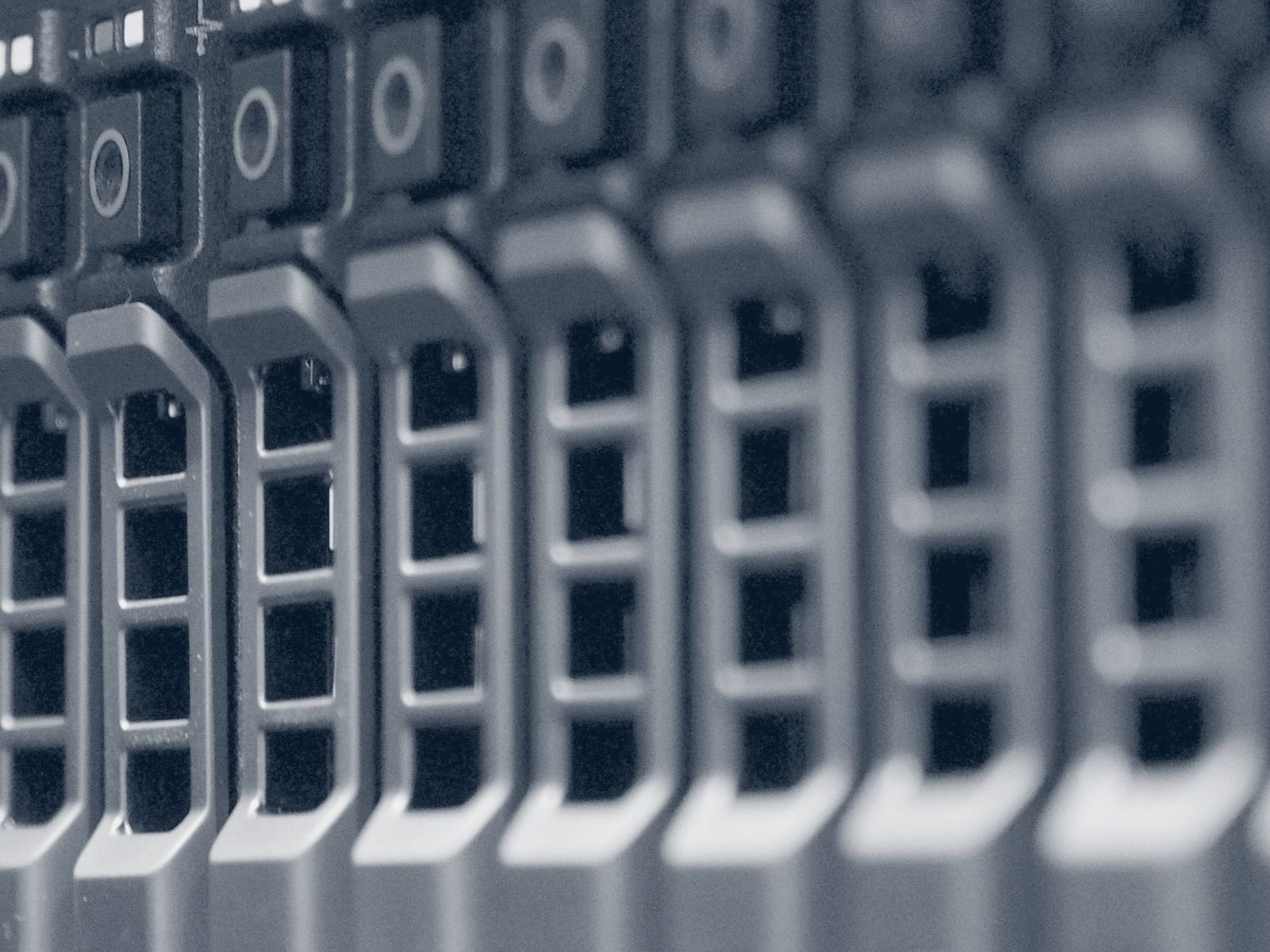 A row of drive bays in a server.